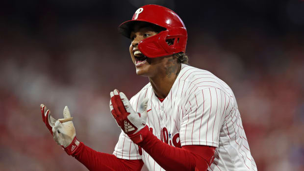 Oct 3, 2023; Philadelphia, Pennsylvania, USA; Philadelphia Phillies left fielder Cristian Pache (19) reacts after hitting a RBI single against the Miami Marlins in the fourth inning for game one of the Wildcard series for the 2023 MLB playoffs at Citizens Bank Park. Mandatory Credit: Bill Streicher-USA TODAY Sports